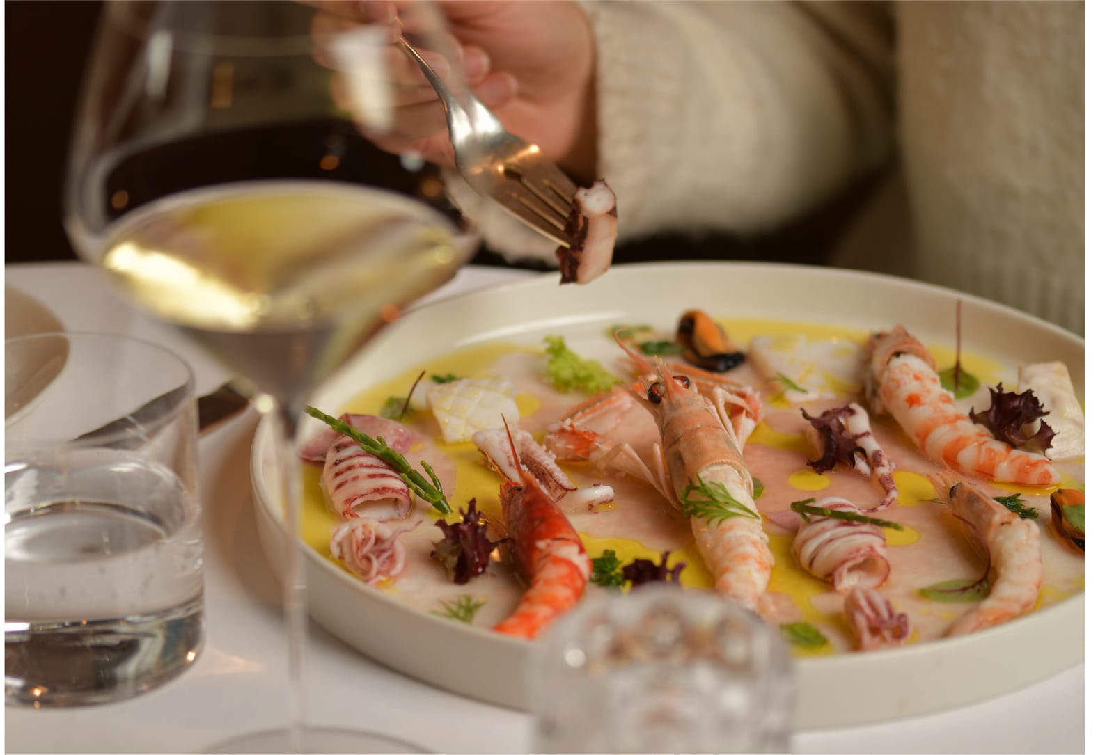 Crudo di mare con scampi, gamberi e calamari, servito con un calice di vino bianco